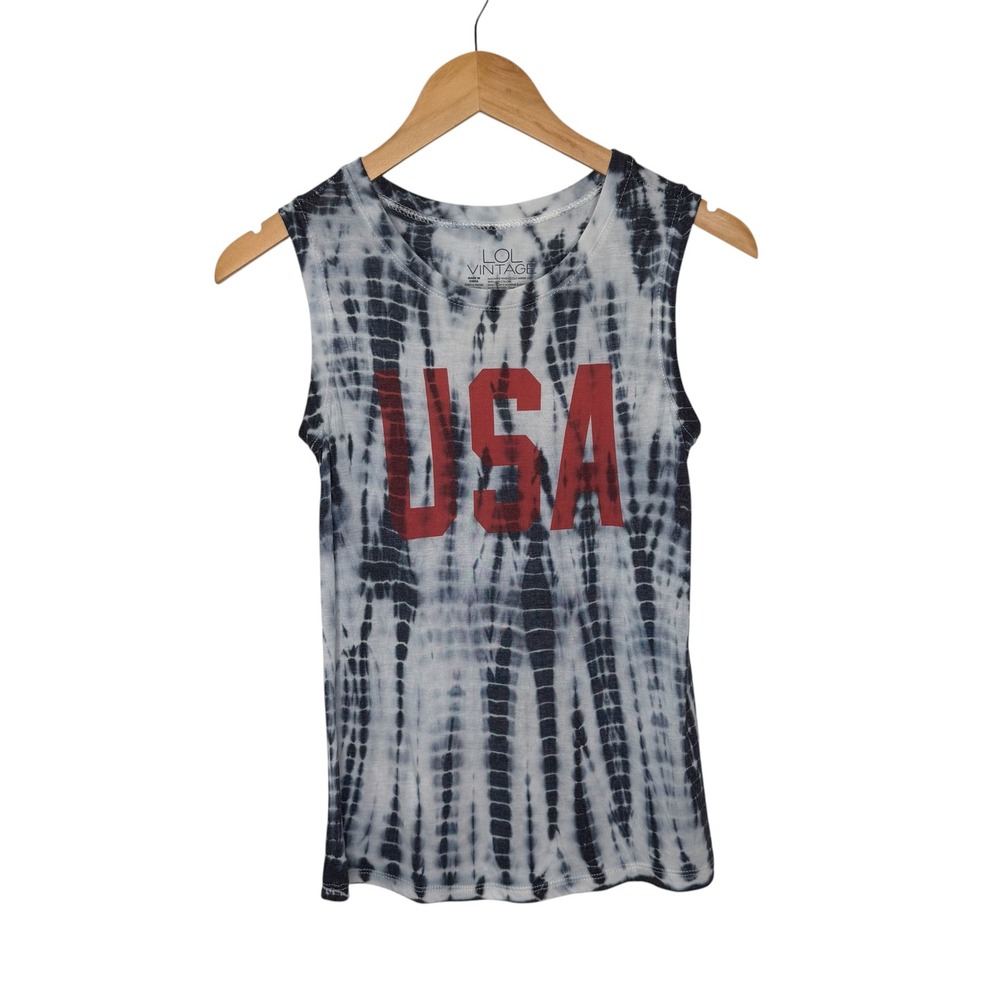 LOL Vintage USA Graphic Tie Dye Muscle Tank Top Blue White Red XS